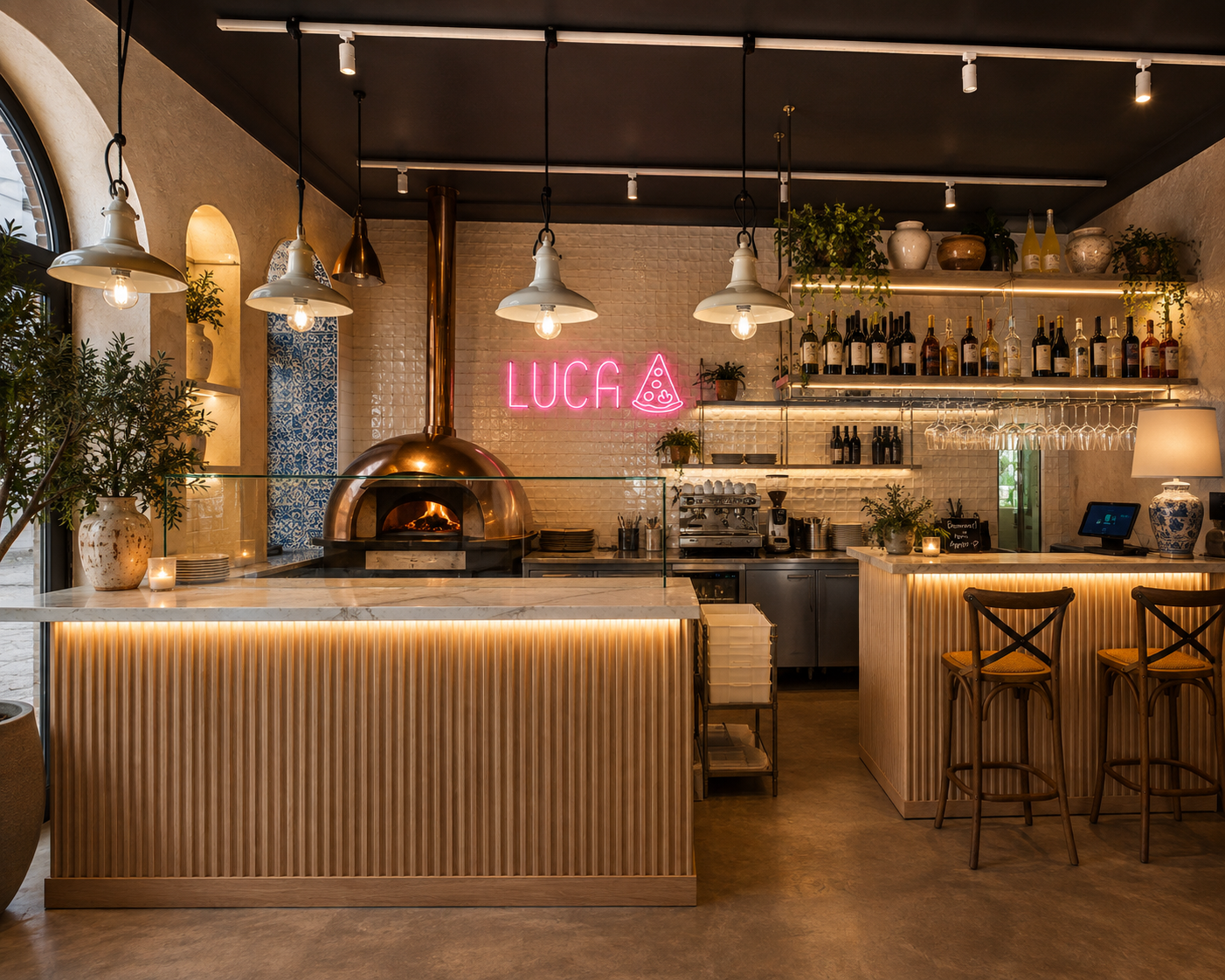 Luca restaurang med vedugn, bar och rosa neonskylt